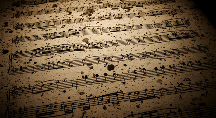 Closeup of an old, stained sheet of music with notes and symbols, creating a vintage and artistic texture with sepia tones and dark shadows