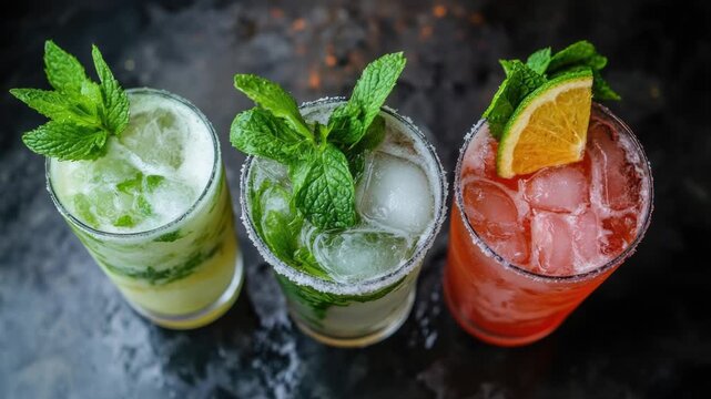 Video Cocktails on ice with a slice of orange and lime, perfect for a party or gathering