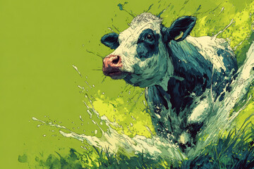 Artistic cow illustration in green splash waves, surreal dairy concept art