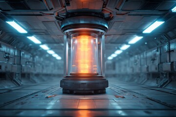 Futuristic robotic AI powered energy core glowing sci fi chamber