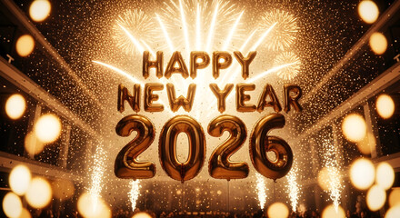 Celebrate the arrival of 2026 with a burst of golden fireworks and shimmering lights, creating a festive and joyous atmosphere for the new year