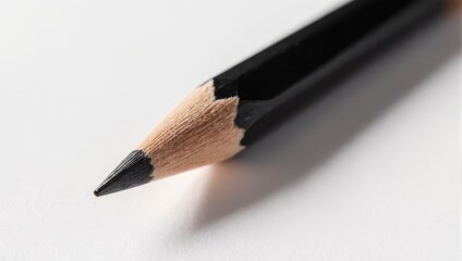 Close-up of a sharpened black pencil on white paper.
