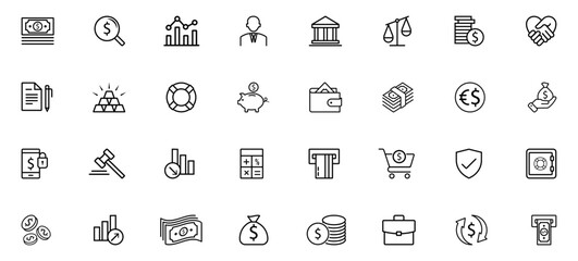 money thin line icons set of currency coin cash bank wallet balance safe, finance line icon collection currency money coin statement balance safe bank, money, finance, currency, bank, cash, coin