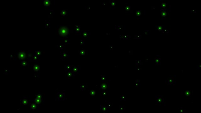 Green fireflies particle animation on black background, glowing insect light dots drifting in darkness, soft sparkle flicker effect, magical night firefly scatter, dreamy forest glow particles 