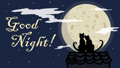 Naklejka premium Romantic good night wish with the moon and two black cats.