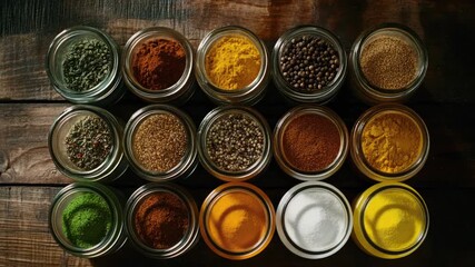 Video A wooden table topped with jars filled with various spices, ideal for kitchen or foodie-themed designs