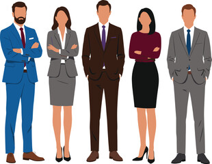 Business professionals standing in formal attire, team of corporate employees, group of office workers, business team illustration, diverse executives, workplace fashion, leadership pose
