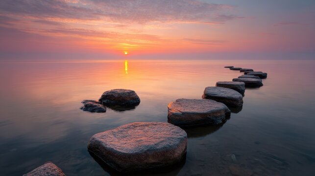 Round stones create a path across a tranquil lake at sunset. The vibrant sky reflects on the smooth water creating a serene atmosphere. - Powered by Adobe