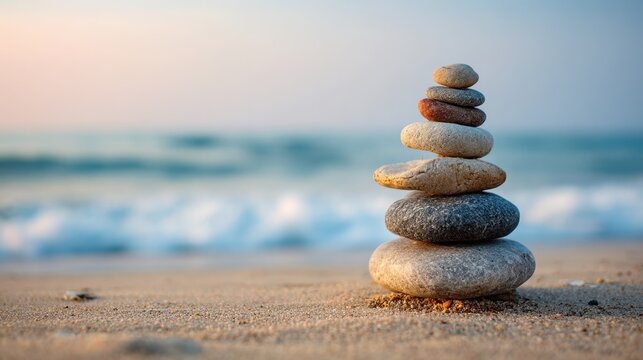 Seven smooth stones are carefully stacked on the sandy shore with gentle waves lapping at the beach. The sunset casts a warm glow over this peaceful scene inviting tranquility.