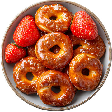 Glazed doughnuts and strawberries in bowl