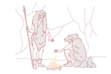 Cavemen in animal fur clothes setting fire outside. Tribal men making bonfire during ancient ages outdoors. Flat vector illustration.