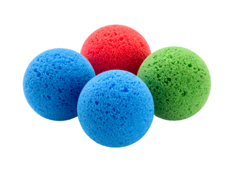 Four vibrantly colored spheres arranged on a stark black backdrop. Two are blue, one red, and another green, all with a porous texture