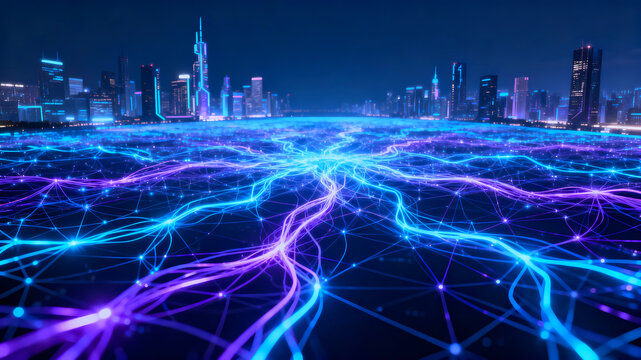 Smart city and abstract dots are connected with gradient lines and aesthetic intricate wave line design, big data connection technology concept