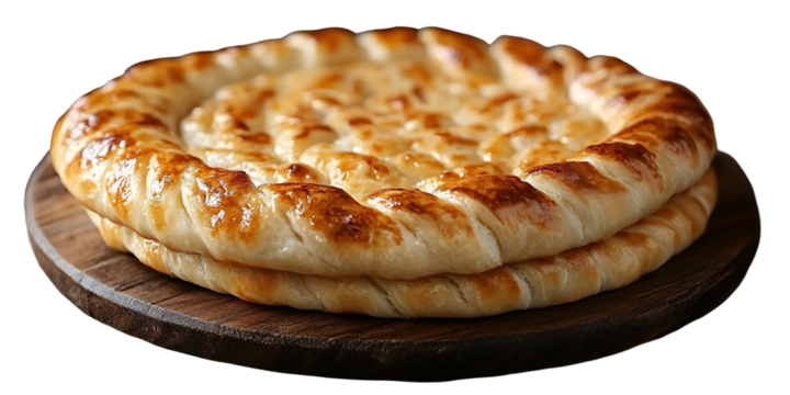 Golden baked flatbread with melted cheese on wooden plate