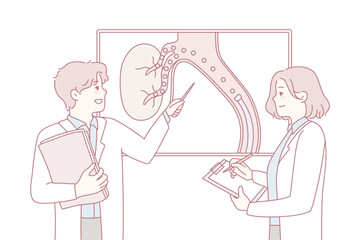 Doctors brainstorm talk about patient embolization. Medical colleague discuss diagnosis looking at organ picture. Hepatology and liver problem. Vector illustration.