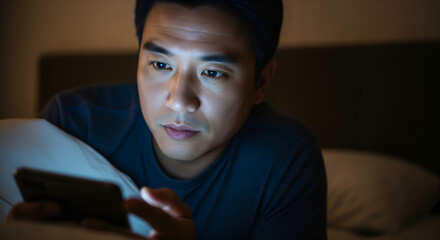 Asian Man Using Smartphone in Bed at Night
