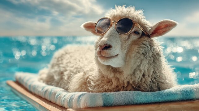 A sheep is lounging on a float in a shimmering pool wearing stylish sunglasses. Its fluffy fur contrasts with the clear blue water and bright sky creating a playful scene of relaxation. - Powered by Adobe