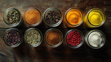 Video A collection of various spices in jars on a wooden table, great for cooking and baking use