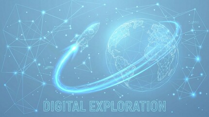 Low Poly Wireframe Rocket Launching Around Earth. Digital Exploration, Global Technology Network and Space Travel Concept.