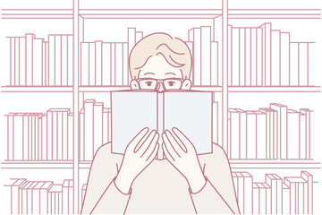 Calm individual studying books with glasses, Quiet scholar engrossed in reading within archival setting, Focused academic reviewing texts among organized shelves in tranquil library environment