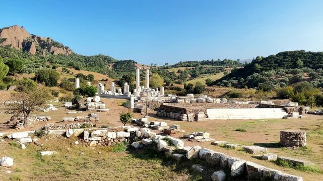 The Temple of Artemis. Sardes ( Sardis ) ancient city. Manisa, Turkey. The most visited ancient buildings in T&uuml;rkiye. 4k video 