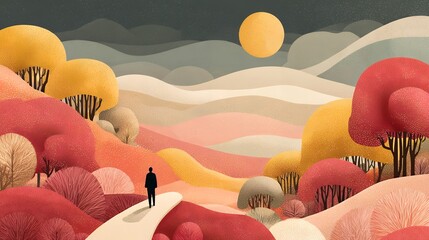 a person walking through an abstract landscape representing work-life balance, soft muted colors, minimalist geometric forms, uplifting calm mood