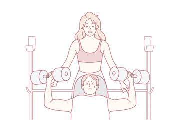two athletes training with dumbbells woman spotting man man lying on bench pressing while female spotter supports weights focused coaching atmosphere gym equipment visible