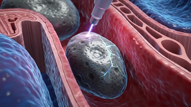 Kidney stone surgery of a 3D animation showing a laser probe fragmenting a dark kidney stone inside a human anatomical structure, emphasizing medical treatment.