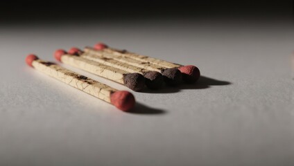 Close-up of wooden matches with red tips on a white surface.