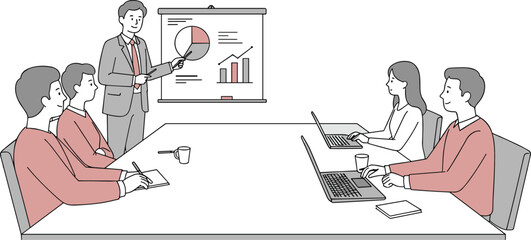 Business team presentation with graphs, corporate meeting room, employees with laptops, manager explaining charts, teamwork strategy session, cartoon vector office concept illustration