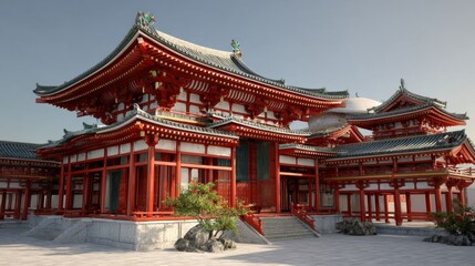 A stunning red temple displays ornate architecture with detailed carvings under a clear blue sky. Surrounding greenery enhances the peaceful atmosphere inviting visitors to explore.