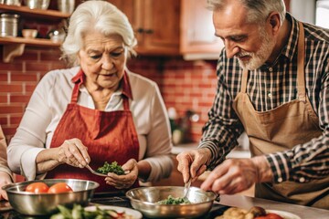 Older couple cooking together in a rustic kitchen, sharing a warm moment of companionship, healthy living, and culinary connection