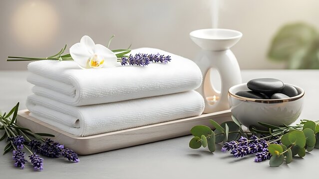Spa day still life with white towels lavender and aromatherapy - Powered by Adobe