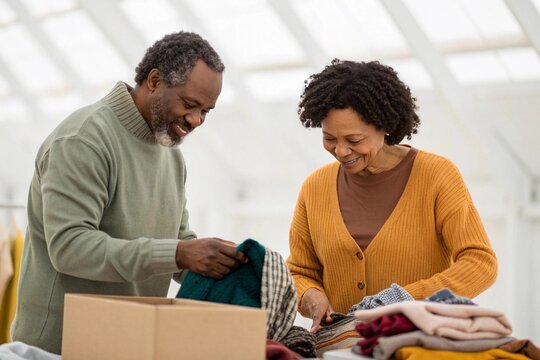 Two adults smiling while sorting clothes in a bright room, sharing a moment of cooperation, care, and everyday domestic connection
