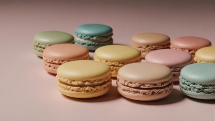 Fototapeta premium Colorful Macarons on Pink Background - Sweet Treats and Pastel Delights.