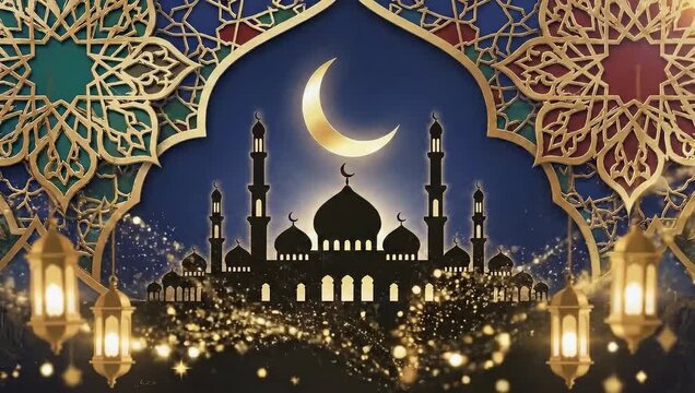 Islamic mosque silhouette illuminated by golden crescent moon and glowing lanterns with intricate golden arabic patterns and sparkling particles.