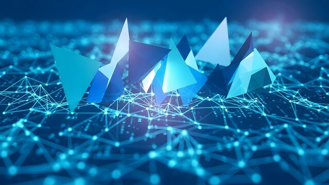 Abstract digital landscape with geometric shapes and network