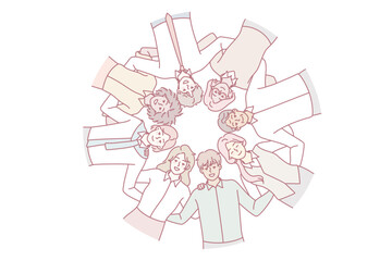 Bottom view of diverse multiracial people stand in circle hugging showing unity and support. Multiethnic men and women embrace demonstrate shared values. Vector illustration.