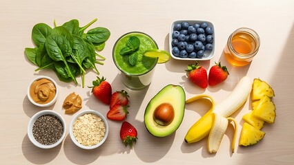 Healthy green smoothie ingredients displayed on a neutral background in natural light