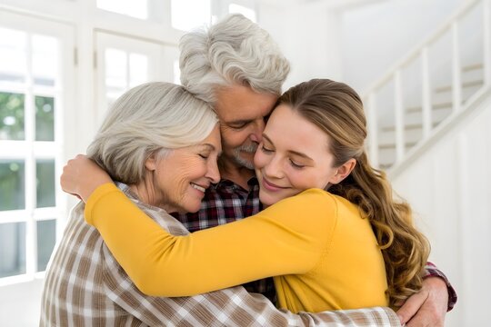 Three generations share a heartfelt embrace in a sunlit home, expressing deep family love, connection, and emotional warmth across ages