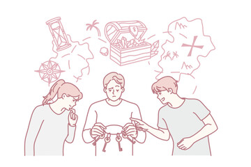 People with keys try to find treasure. Men and women looking for business solution, brainstorm together. Teamwork concept. Vector illustration.