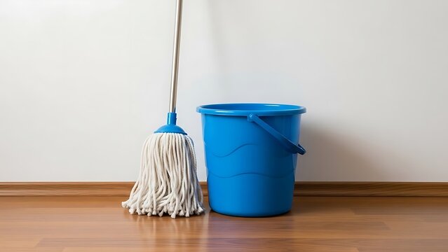 A blue string mop and a matching blue plastic bucket stand on a polished wooden floor against a clean white wall, ready for general household cleaning