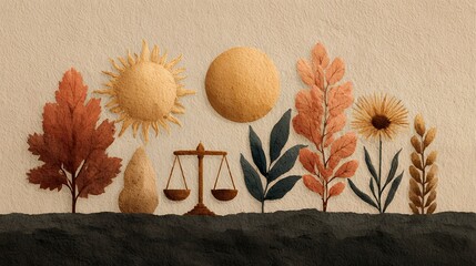 Flat boho illustration featuring balanced life icons--scales, sun and moon, nature elements, mindful breathing figure--clean minimal shapes, soft beige and terracotta tones