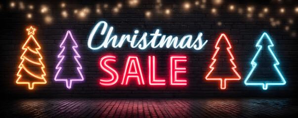 Christmas sale. Happy New Year neon street billboards collection. December holiday. Vector illustration