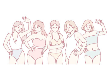 Portrait of smiling girls in swimsuits posing together. Happy diverse young women in bikini enjoy summer vacation. Diversity and body positivity. Vector illustration.