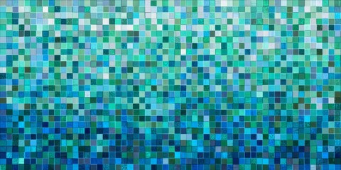 Mosaic tiles create a textured background with shades of blue and green.