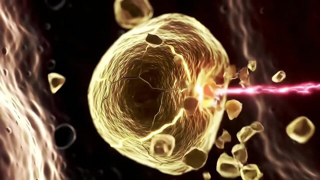 Kidney stone surgery of a dynamic 3D animation showing a laser beam shattering a large, golden kidney stone into fragments inside the human body.
