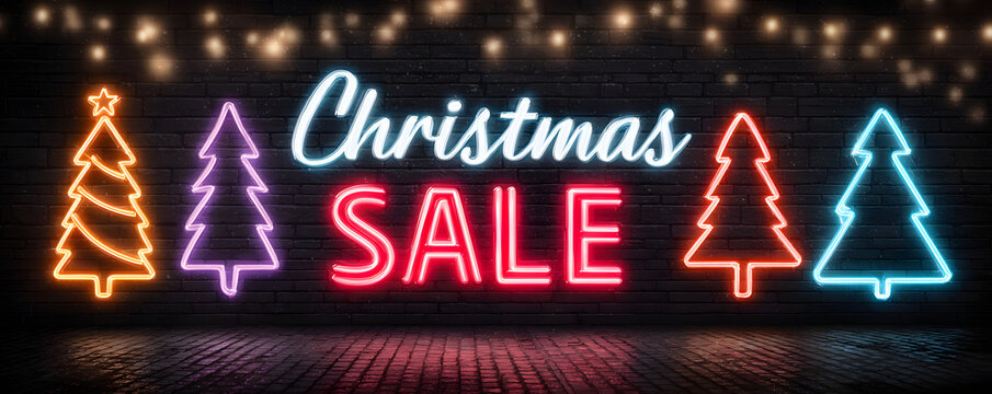 Christmas sale. Happy New Year neon street billboards collection. December holiday. Vector illustration