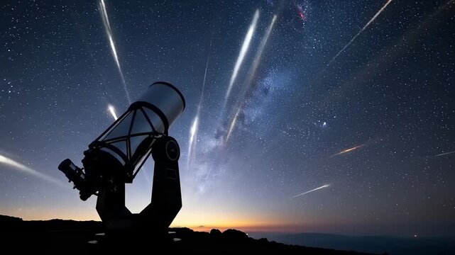 Astronomical Telescope Observing a Dazzling Meteor Shower at Night.