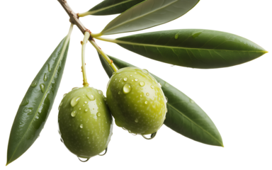 Fresh green olives with water droplets on a branch